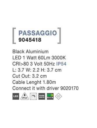 NOVA LUCE venkovní zapuštěné svítidlo do zdi PASSAGGIO černý hliník LED 1W 3000K 3V IP54 délka kabelu 1.80m použijte driver 9020170 9045418