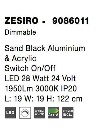NOVA LUCE stojací lampa ZESIRO černý hliník a akryl vypínač na těle LED 28W 24V 3000K IP20 stmívatelné 9086011