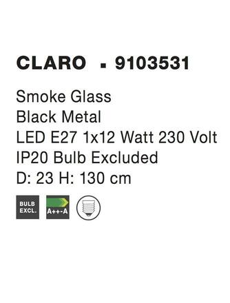 NOVA LUCE závěsné svítidlo CLARO kouřové sklo černý kov E27 1x12W 230V IP20 bez žárovky 9103531