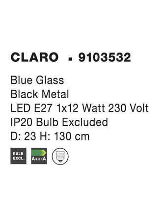 NOVA LUCE závěsné svítidlo CLARO modré sklo černý kov E27 1x12W 230V IP20 bez žárovky 9103532