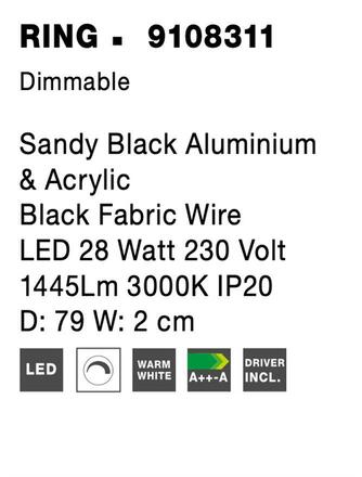 NOVA LUCE nástěnné svítidlo RING černý hliník a akryl černý kabel LED 28W 230V 3000K IP20 stmívatelné 9108311