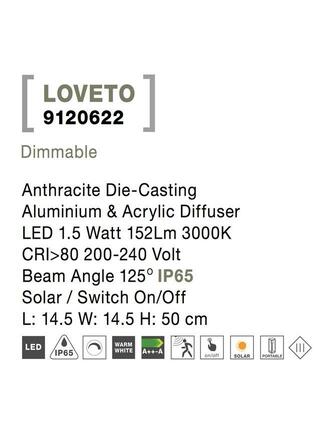 NOVA LUCE venkovní sloupkové svítidlo LOVETO antracitový hliník a akrylový difuzor LED 1.5W 3000K 3.7V 125st. IP65 solární / vypínač na těle / pohybový senzor 9120622