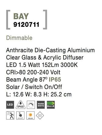 NOVA LUCE venkovní nástěnné svítidlo BAY antracitový hliník čiré sklo a akrylový difuzor LED 1.5W 3000K 3.7V 87st. IP65 solární / vypínač na těle / pohybové čidlo 9120711