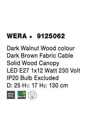 NOVA LUCE závěsné svítidlo WERA dřevo barvy tmavý ořech tmavě hnědý textilní kabel dřevěná rozeta E27 1x12W 230V IP20 bez žárovky 9125062