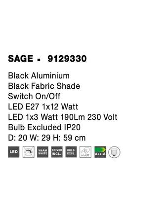 NOVA LUCE nástěnné svítidlo SAGE černý hliník černé stínidlo vypínač na těle E27 1x12W LED 1x3W 220V bez žárovky IP20 čtecí lampička 9129330