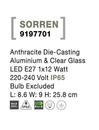 NOVA LUCE venkovní nástěnné svítidlo SORREN antracitový hliník a čiré sklo E27 1x12W 220-240V bez žárovky IP65 9197701