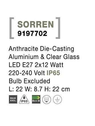 NOVA LUCE venkovní nástěnné svítidlo SORREN antracitový hliník a čiré sklo E27 2x12W 220-240V bez žárovky IP65 9197702