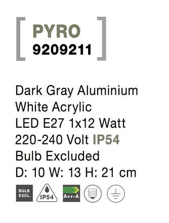 NOVA LUCE venkovní nástěnné svítidlo PYRO tmavě šedý hliník bílý akryl E27 1x12W 220-240V IP54 bez žárovky 9209211