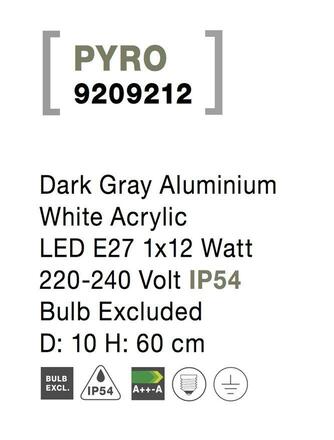 NOVA LUCE venkovní sloupkové svítidlo PYRO tmavě šedý hliník bílý akryl E27 1x12W 220-240V IP54 bez žárovky 9209212