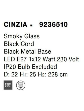 NOVA LUCE závěsné svítidlo CINZIA kouřové sklo černý kabel černá kovová základna E27 1x12W 230V IP20 bez žárovky 9236510