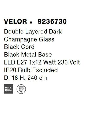 NOVA LUCE závěsné svítidlo VELOR dvouvrstvé šampaň sklo černý kabel černá kovová základna E27 1x12W 230V IP20 bez žárovky 9236730