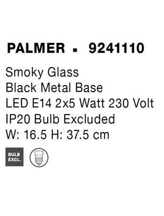 NOVA LUCE nástěnné svítidlo PALMER kouřové sklo černá kovová základna E14 2x5W 230V IP20 bez žárovky 9241110