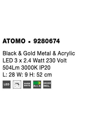 NOVA LUCE závěsné svítidlo ATOMO černá a zlatý kov a akryl LED 3 x 2.4W 230V 3000K IP20 9280674