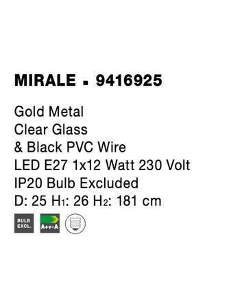 NOVA LUCE závěsné svítidlo MIRALE zlatý kov čiré sklo a černý PVC kabel E27 1x12W 230V IP20 bez žárovky 9416925