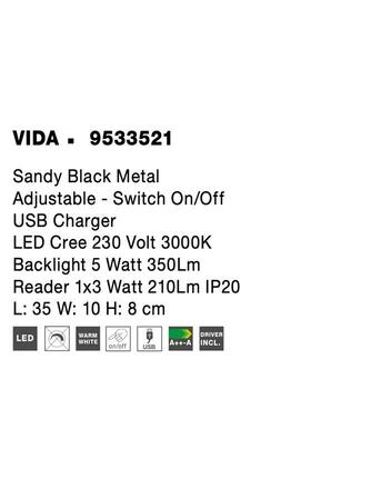 NOVA LUCE nástěnné svítidlo VIDA černý kov nastavitelné - vypínač na těle USB nabíjení LED Cree 230V 3000K osvětlení 5W čtecí lampička 1x3W IP20 9533521