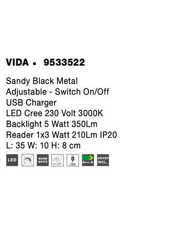 NOVA LUCE nástěnné svítidlo VIDA černý kov nastavitelné - vypínač na těle USB nabíjení LED Cree 230V 3000K osvětlení 5W čtecí lampička 1x3W IP20 9533522