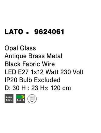 NOVA LUCE závěsné svítidlo LATO opálové sklo antický mosazný kov černý kabel E27 1x12W 230V IP20 bez žárovky 9624061