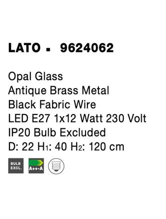 NOVA LUCE závěsné svítidlo LATO opálové sklo antický mosazný kov černý kabel E27 1x12W 230V IP20 bez žárovky 9624062