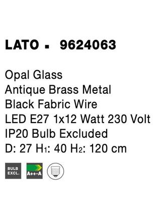 NOVA LUCE závěsné svítidlo LATO opálové sklo antický mosazný kov černý kabel E27 1x12W 230V IP20 bez žárovky 9624063