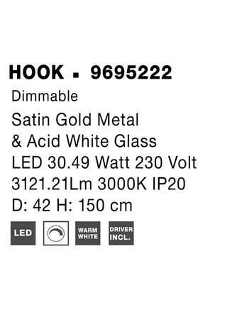 NOVA LUCE závěsné svítidlo HOOK saténový zlatý kov a opálové bílé sklo LED 37W 230V 3000K IP20 stmívatelné 9695222