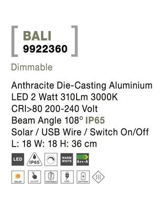 NOVA LUCE venkovní stojací lampa BALI antracitový hliník LED 2W 3000K 5V DC 108st. IP65 solární / USB kabel / vypínač na těle / stmívatelné 9922360