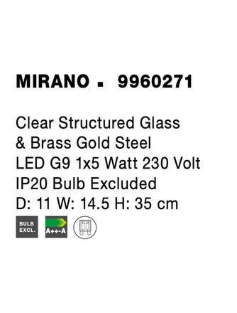 NOVA LUCE nástěnné svítidlo MIRANO čiré strukturované sklo a mosaz zlatá G9 1x5W 230V IP20 bez žárovky 9960271