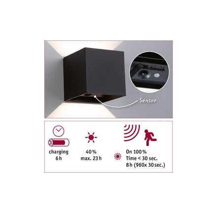 PAULMANN LED nabíjecí nástěnné svítidlo Nyara IP44 3000K 100x100mm 2x1W černá