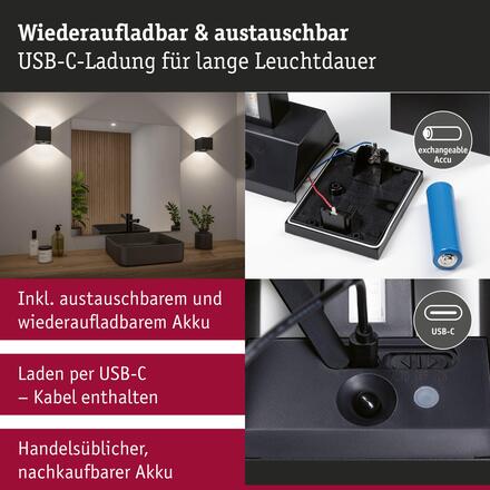 PAULMANN LED nabíjecí nástěnné svítidlo Nyara IP44 3000K 100x100mm 2x1W černá