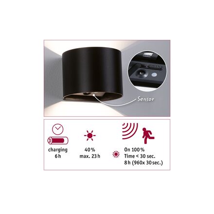 PAULMANN LED nabíjecí nástěnné svítidlo Nyora IP44 3000K 135x120mm 2x1W černá