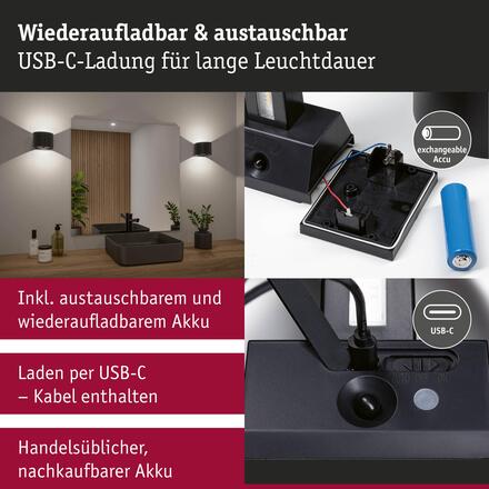 PAULMANN LED nabíjecí nástěnné svítidlo Nyora IP44 3000K 135x120mm 2x1W černá