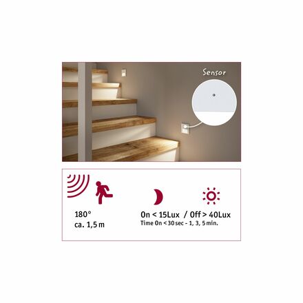PAULMANN LED vestavné svítidlo do zdi Tsaro hranaté 80x36mm PIR 1W 230V 2700K bílá mat