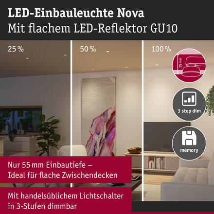 PAULMANN LED vestavné svítidlo 3-krokové-stmívatelné Nova GU10 Flat výklopné 3x4,9W 230V stmívatelné 2700K hliník broušený