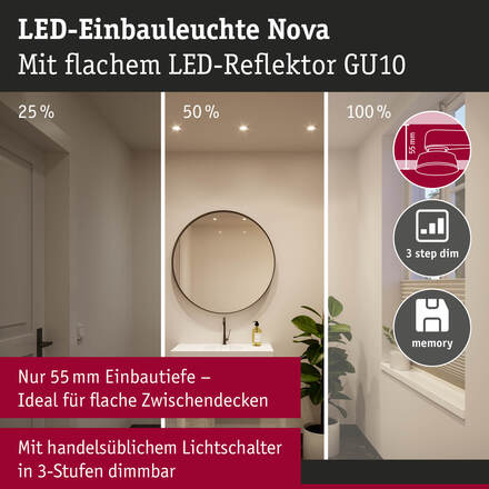 PAULMANN LED vestavné svítidlo 3-krokové-stmívatelné Nova GU10 Flat nevýklopné IP44 3x4,9W 230V stmívatelné 2700K bílá mat