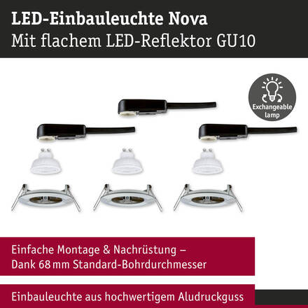 PAULMANN LED vestavné svítidlo 3-krokové-stmívatelné Nova GU10 Flat nevýklopné IP44 3x4,9W 230V stmívatelné 2700K kov kartáčovaný
