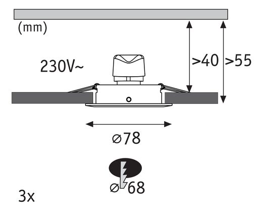PAULMANN LED vestavné svítidlo 3-krokové-stmívatelné Nova GU10 Flat nevýklopné IP44 3x4,9W 230V stmívatelné 2700K kov kartáčovaný