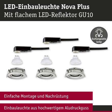 PAULMANN LED vestavné svítidlo Nova Plus GU10 Flat IP65 93mm 3x4,9W 230V stmívatelné 2700K kov kartáčovaný