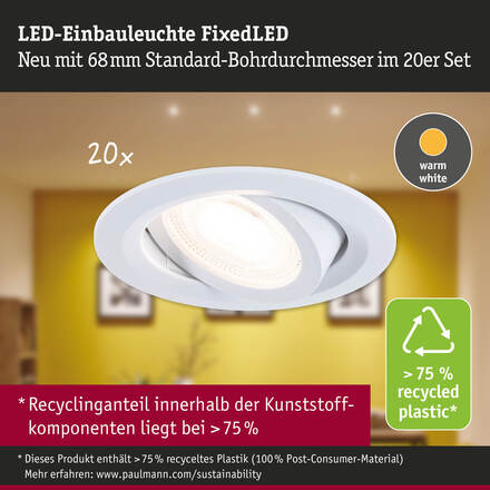 PAULMANN LED vestavné svítidlo FixedLED 20ks sada výklopné 25° 20x4,8W 230V 3000K bílá