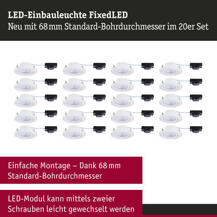 PAULMANN LED vestavné svítidlo FixedLED 20ks sada výklopné 25° 20x4,8W 230V 3000K bílá