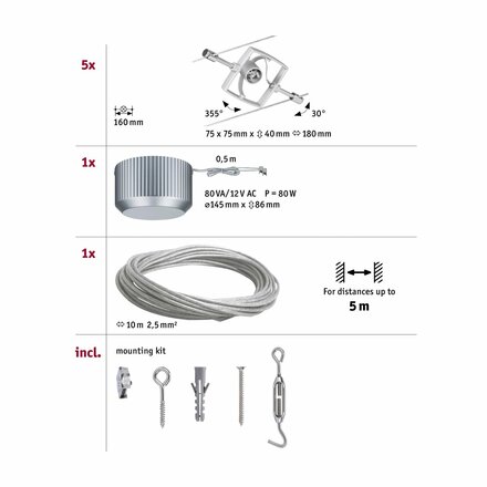 Paulmann Seilsystem Mac II Chrom mat 5 Spots bez zdroje světla, max. 10W GU5,3 941.33 P 94133