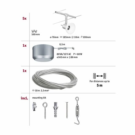 Paulmann Seilsystem Sheela Chrom mat 5 Spots bez zdroje světla, max. 10W GU5,3 941.36 P 94136