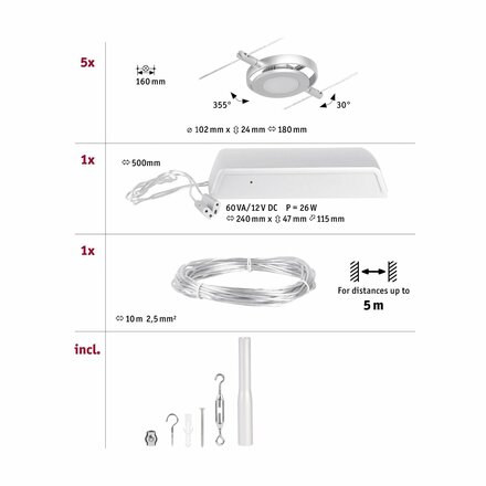 PAULMANN LED lankový systém RoaMac základní sada 5x4,5W 3000K 230/12V matný chrom/chrom