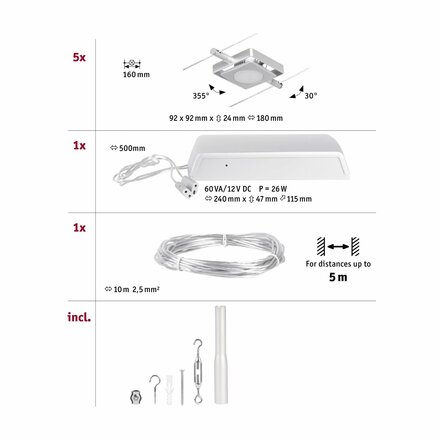 PAULMANN LED lankový systém MacLED základní sada 5x4,5W 3000K 230/12V matný chrom/chrom