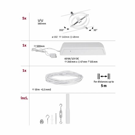 PAULMANN Lankový systém Cardan matný chrom 5 spotů bez zdroje světla max. 10W GU5,3 DC 60VA 944.38