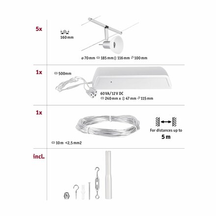 PAULMANN Lankový systém Sheela matný chrom 5 spotů bez zdroje světla max. 10W GU5,3 DC 60VA 944.48