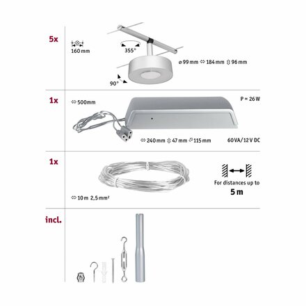 PAULMANN LED lankový systém Circle základní sada 5x5W 3000K 230/12V matný chrom/chrom