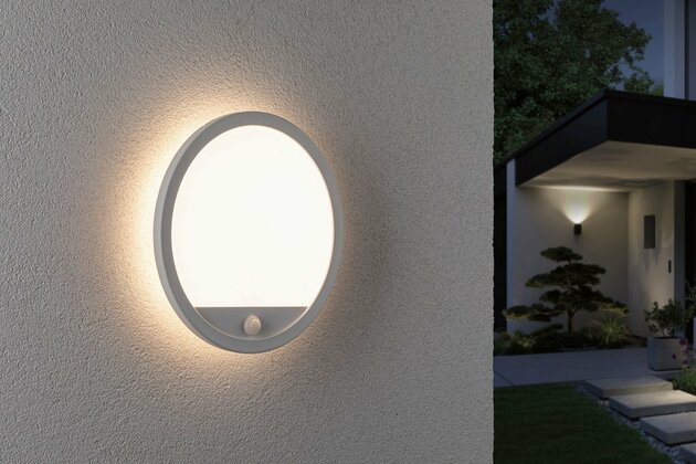 PAULMANN LED venkovní panel Lamina vč. pohybové čidlo IP44 kruhové 280mm 3000K 14,5W 230V bílá umělá hmota