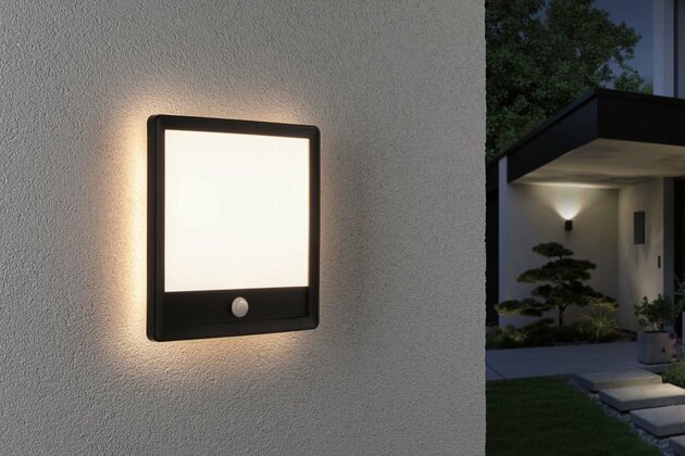 PAULMANN LED venkovní panel Lamina vč. pohybové čidlo IP44 hranaté 250x250mm 3000K 14,5W 230V černá umělá hmota