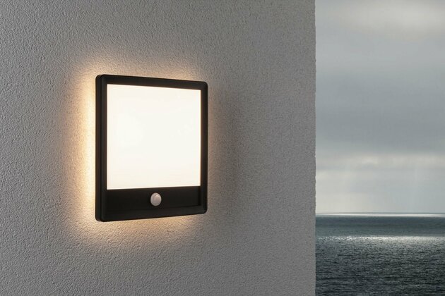 PAULMANN LED venkovní panel Lamina vč. pohybové čidlo IP44 hranaté 250x250mm 3000K 14,5W 230V černá umělá hmota