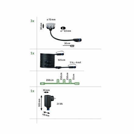 PAULMANN Plug & Shine LED zemní svítidlo Floor základní sada neláká hmyz IP67 2200K 3x2W 21VA stříbrná