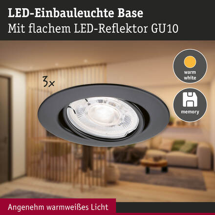 PAULMANN LED vestavné svítidlo Base GU10 Flat výklopné 3x4,9W 230V stmívatelné 2700K černá mat
